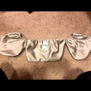 Silver shimmer off the shoulder crop top